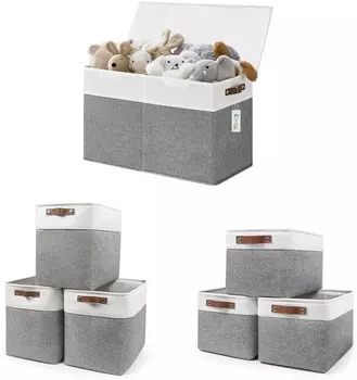 Большая коробка для игрушек + корзины из льняной ткани 17x12x15 дюймов + корзины из льняной ткани 15x11x9,5 дюймов, серые и белые Bagnizer