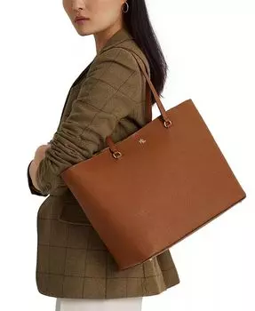 Большая кожаная сумка-тоут Karly Crosshatch Lauren Ralph Lauren, коричневый