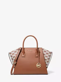 Большая кожаная жаккардовая сумка Avril с логотипом Michael Kors, коричневый