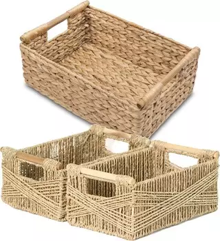 Большая плетеная корзина Vatima Hyacinth 15,5x10,8x6,2 дюйма и упаковка из 2 средних корзин — прямоугольные, деревянные ручки, органайзер для полки