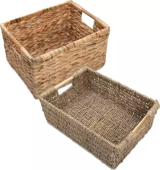 Большая прямоугольная плетеная корзина с деревянными ручками, корзинами из натуральной морской травы и плетеными гиацинтами для организации вещей VATIMA
