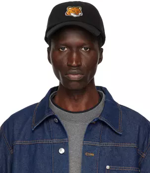 Большая шапка с вышивкой в виде головы лисы Maison Kitsune, черный