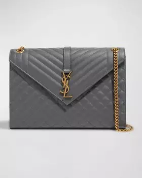 Большая сумка через плечо Envelope Triquilt YSL из зерненой кожи Saint Laurent, цвет Storm