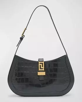 Большая сумка-хобо с тиснением под крокодила Greca Goddess, цвет Black Versace Gold