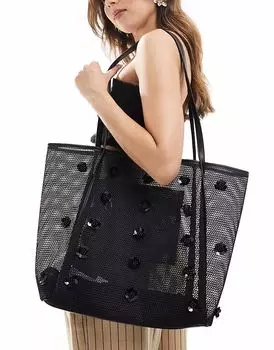 Большая сумка-шоппер Stradivarius из сетчатой ткани черного цвета с декором