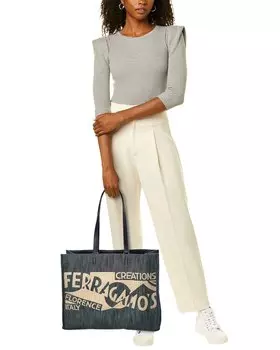 Большая сумка-тоут Ferragamo из джинсовой и кожаной ткани с логотипом Salvatore Ferragamo, синий