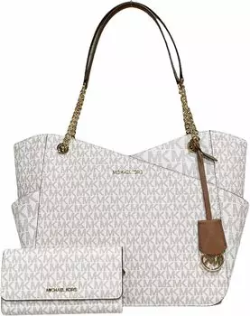 Большая сумка-тоут на плечо с цепочкой Michael Kors Jet Set Travel в комплекте с кошельком Trifold (Vanilla MK 2021)
