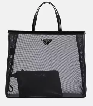 Большая сумка-тоут с кожаной отделкой и сетчатыми вставками Prada, черный