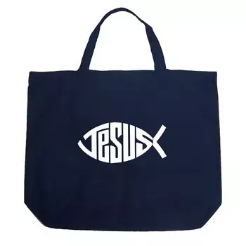 Большая сумка-тоут Word Art - Символ рыбы с именем христианина Иисуса LA Pop Art, темно-синий