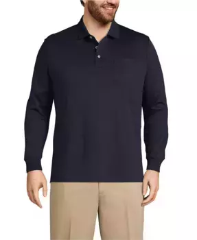 Большие и высокие размеры: хлопковая поло с длинным рукавом из ткани Supima с карманом Lands' End, синий