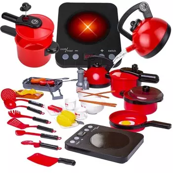 Большие кастрюли, индукционная плита, чайник, гриль, принадлежности для приготовления пищи, кухня – детская плита. Doris