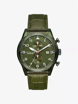 Большие панорамные часы из кожи оливкового тона с тиснением под крокодила Michael Kors, зеленый
