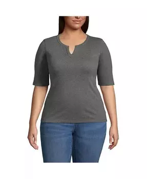 Большие размеры Хлопок Полиэстер Современный Рукав до локтя с разрезом Lands' End, серый