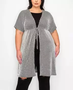 Большие размеры Текстурированный топ-кимоно с завязкой в рубчик спереди с короткими рукавами и перемычкой COIN 1804, черный