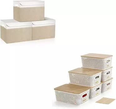 Большие складные штабелируемые контейнеры для хранения размером 17 дюймов (42 литра) с крышками [3 шт.] + пластиковые контейнеры для хранения с бамбуковыми крышками Bagnizer, Beige