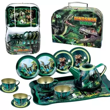 Большой чайный сервиз в чемодане, кувшин с динозаврами, поднос, тарелки, чашки Inna marka