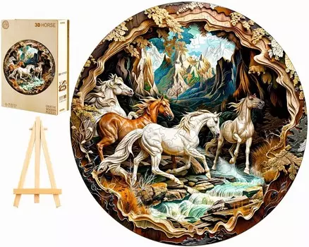 Большой Деревянный Пазл 300 Деталей Скачающие Лошади 3D Деревянная Коробка Pasjo24