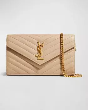 Большой кошелек YSL Monogram на цепочке из зерненой кожи Saint Laurent, цвет Dark Beige