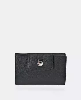 Большой кожаный кошелек черного цвета с клапаном и застежкой Daviletto