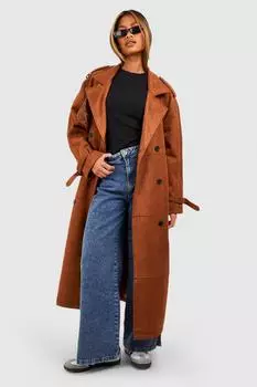Большой плащ макси из замши с поясом boohoo, коричневый