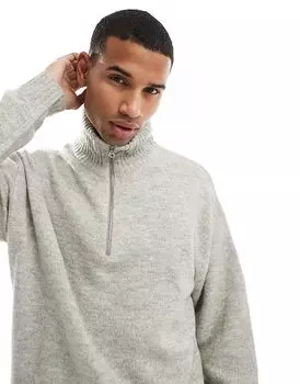 Большой пушистый свитер на молнии серого цвета Jack & Jones