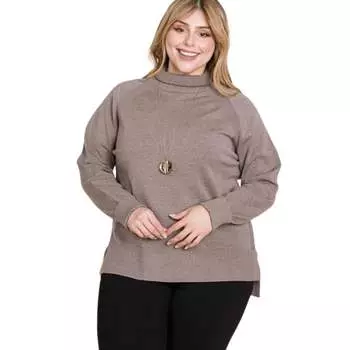 Большой размер высококачественный маслянистый мягкий однотонный трикотажный свитер с высоким воротом и асимметричным подолом FASHNZFAB, коричневый