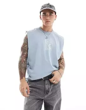 Большой топ из плотной ткани плотностью 220 г/м, выбеленного синего цвета с принтом на груди в виде небесных тел ASOS DESIGN