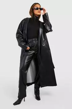 Большой тренч из искусственной кожи с поясом boohoo, черный