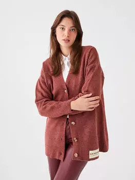 Большой женский трикотажный кардиган с длинными рукавами и принтом с v-образным вырезом LCW Modest