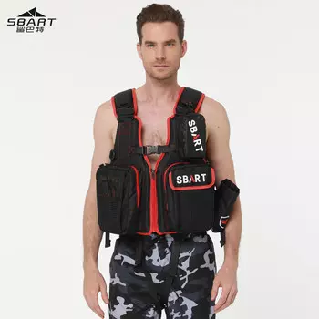 Большой жилет плавучести Shark Bart для улицы, спасательный жилет для морской рыбалки, рыболовный жилет для взрослых, спасательный жилет для плавания, черный и красный, один размер подходит всем SBART