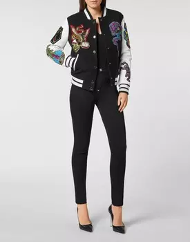 Бомбер для колледжа Кожаные рукава Тату-заплатки Philipp Plein, черный