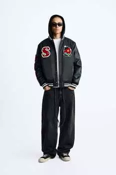 Бомбер с нашивками ZARA, черный