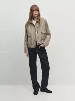 Бомбер в клетку с контрастными пуговицами Massimo Dutti, коричневый