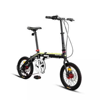 Bond Fujita 16-дюймовый 7-скоростной складной велосипед из алюминиевого сплава для студентов и студентов для взрослых, городской велосипед для работы, черный и желтый BATTLE