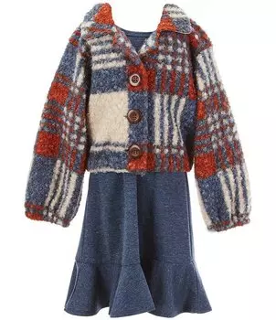 Bonnie Jean: куртка с длинными рукавами с узором для больших девочек 7–16 лет и однотонное платье трапециевидной формы с короткими рукавами, синий