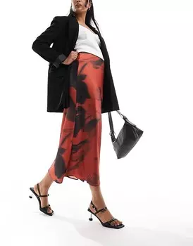 Бордовая атласная юбка миди ASOS Design – Bias с крупным цветочным узором
