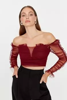 Бордовая блузка с рюшами Trendyol, бордовый