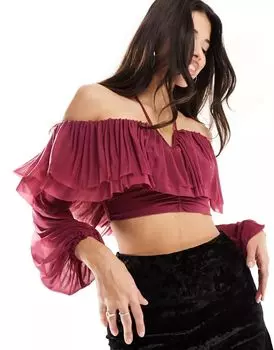 Бордовая блузка с воротником-хомутом и оборками ASOS