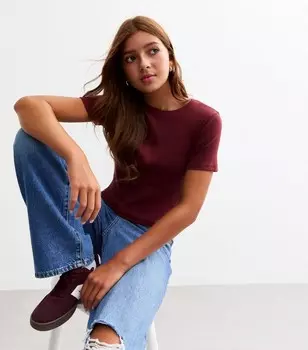 Бордовая детская футболка в рубчик с короткими рукавами для девочек New Look, бордовый