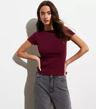 Бордовая мягкая футболка из эластичного хлопка с оборками New Look, бордовый