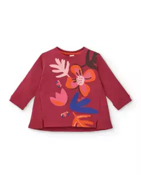 Бордовая плюшевая футболка для девочки с цветочным принтом Tuc tuc