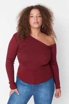 Бордово-красная блузка из тонкого трикотажа с асимметричным воротником Trendyol, бордовый