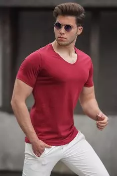 Бордово-красная футболка с V-образным вырезом 2309- MADMEXT