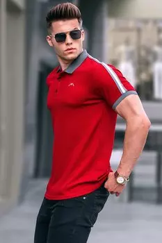 Бордово-красная футболка с воротником-поло в полоску с рукавами 5888 MADMEXT