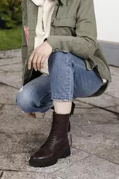 Бордово-красные женские повседневные ботинки из натуральной кожи с круглым носком на молнии и шнуровке 55415 GNDER(R)