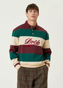 Бордово-красный свитшот с воротником-поло в полоску и вышитым логотипом Drole De Monsieur