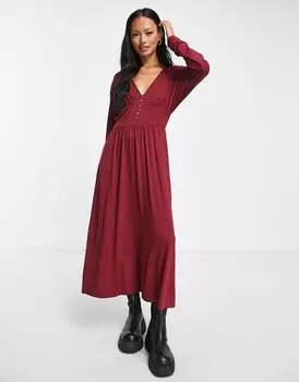 Бордовое чайное платье миди с длинными рукавами и пуговицами ASOS DESIGN
