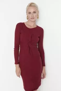 Бордовое мини-трикотажное платье со шнуровкой и узлом Trendyol, бордовый