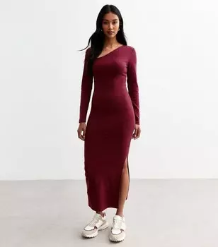 Бордовое облегающее платье с асимметричным вырезом и длинными рукавами New Look, бордовый