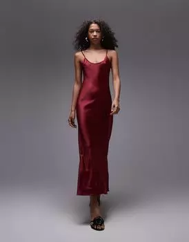 Бордовое платье-комбинация макси на бретельках Topshop